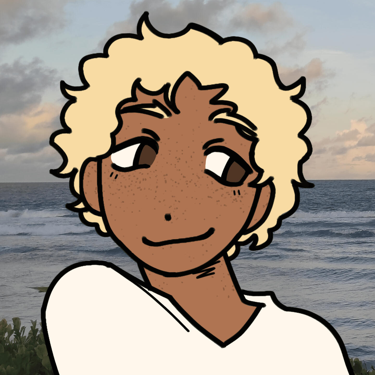 Desenho digital de Apolo, em um estilo cartunesco com uma vista de praia como plano de fundo. Ele porta um expressão sorridente e olha para o lado, com o ombro esquerdo levemente levantado.