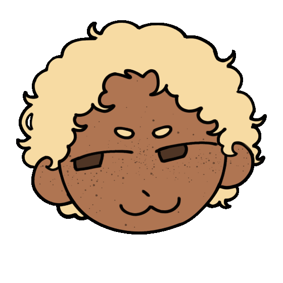 Gif de Apolo. Desenhado digitalmente em um estilo simples. Ressalta suas características marcantes: rosto moreno e cheio de sardas e cabelo ondulado, um pouco bagunçado e loiro.