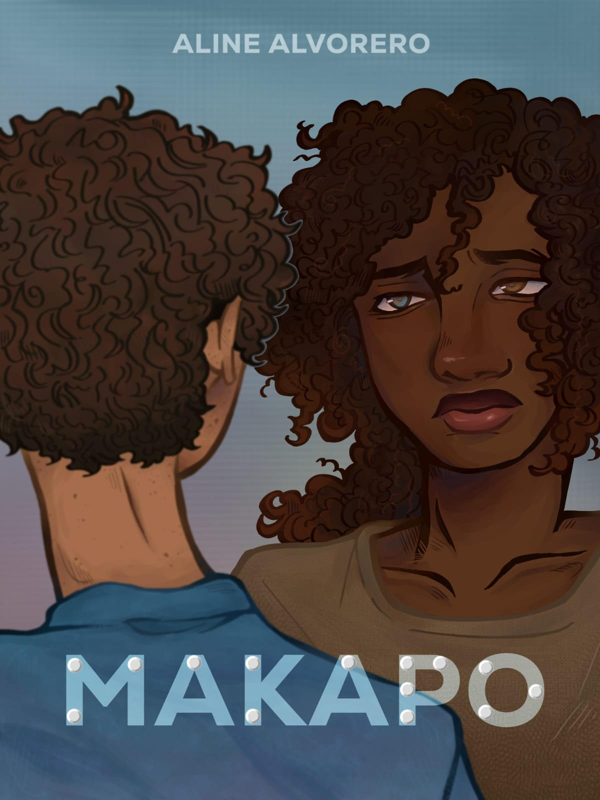 Capa do livro Makapo, com um fundo azul acinzentado. No topo da capa, está escrito "Makapo por L.O." em fonte tipográfica. A parte inferior da capa apresenta um elemento gráfico circular em azul e branco que se assemelha a um olho estilizado.