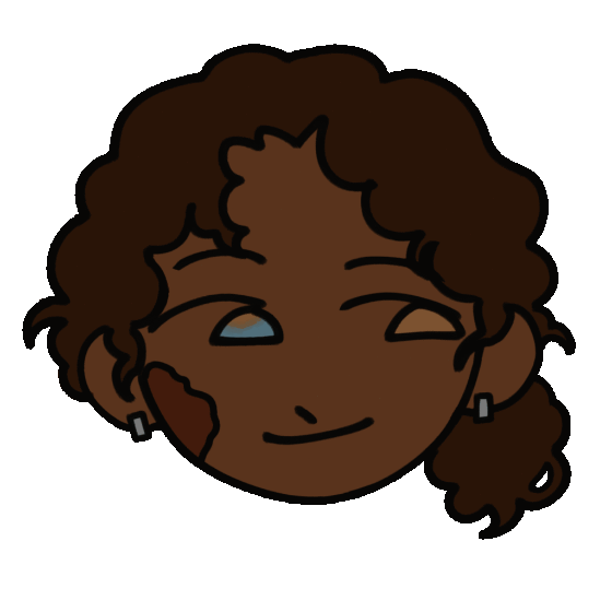 Gif de Tadeu. Desenhado digitalmente em um estilo simples. Ressalta suas características marcantes: seus olhos com heterocromia setorial, sinal de nascença na bochecha, brincos pequenos e o rabo de cavalo pequeno.