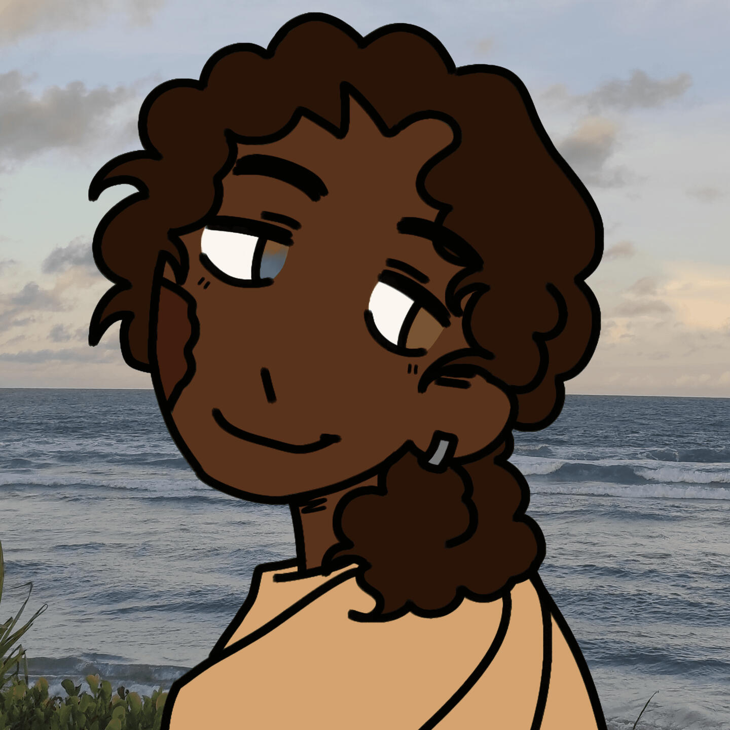 Desenho digital de Tadeu, em um estilo cartunesco com uma vista de praia como plano de fundo. Ele olha para o lado e seu corpo está de perfil, quase de costas.